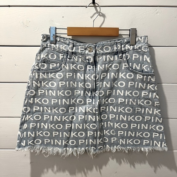 PINKO All-Over Logo Denim Mini Skirt – size US 6 - Picture 1 of 9